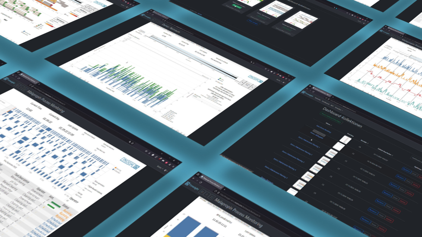 Computer screens displaying various data dashboards and charts, including bar graphs, line charts, and tables with color-coded metrics, arranged in a grid layout on a dark background.