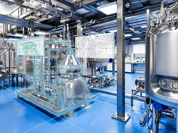 A clean, modern industrial facility with large metal tanks and complex piping. Some equipment has digital overlays, suggesting the use of augmented reality or smart monitoring.