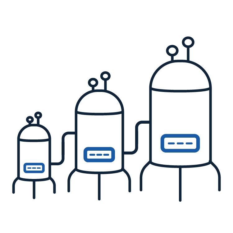 Icons of tree bioreactors in dark blue of three different sizes standing next to each other