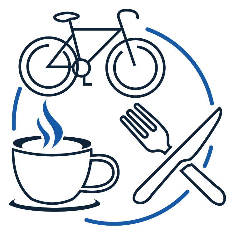 An icon showing a bicycle, a knife and fork and a coffe cup, representing the benefits at ZETA