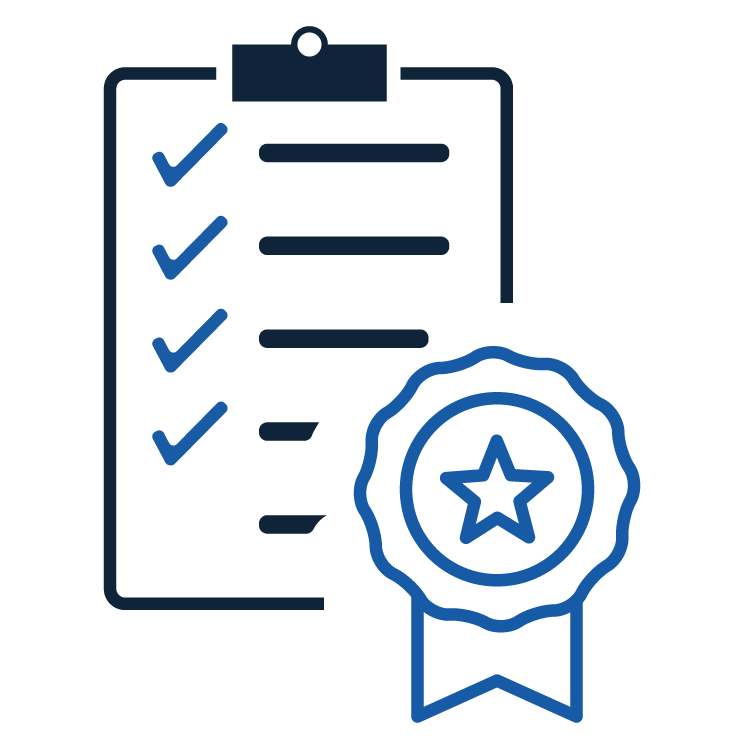 Icon of a clipboard with a checklist, representing completed tasks. Next to the clipboard is a blue award badge with a star in the center and a ribbon at the bottom, symbolizing certification or achievement.
