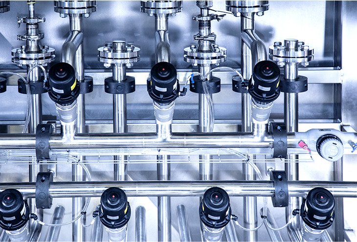 Detail from skid, consisting from piöes, hoses, valves